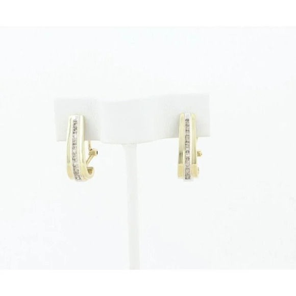 10k Yellow Gold & White Gold Diamond Hoop Earrings Omega Back - Picture 5 of 8